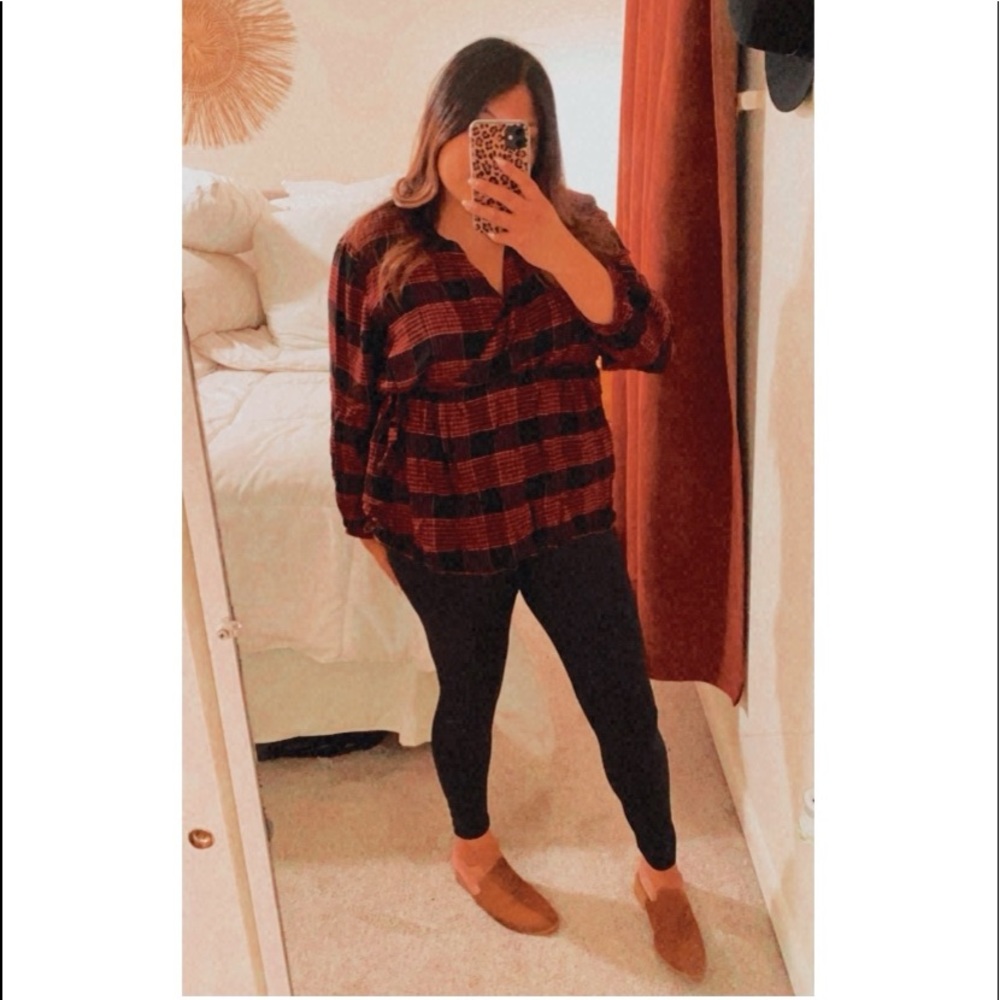 Lane Bryant Gingham Babydoll Blouse Red Black